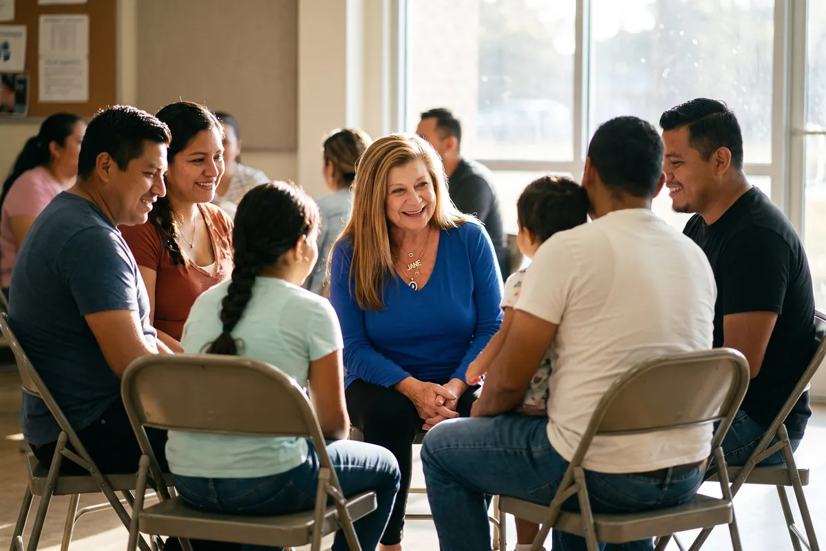 Jane Un talking with families at a community meeting