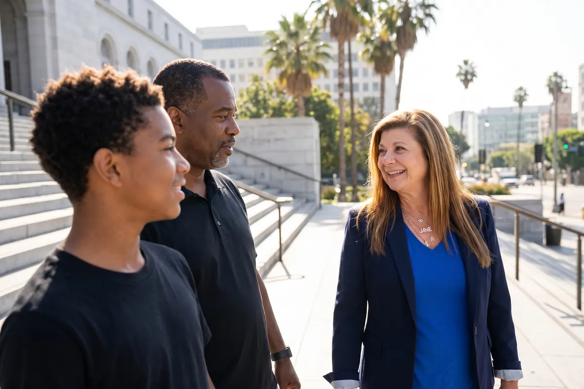Jane Un walking out of court with a father and his son