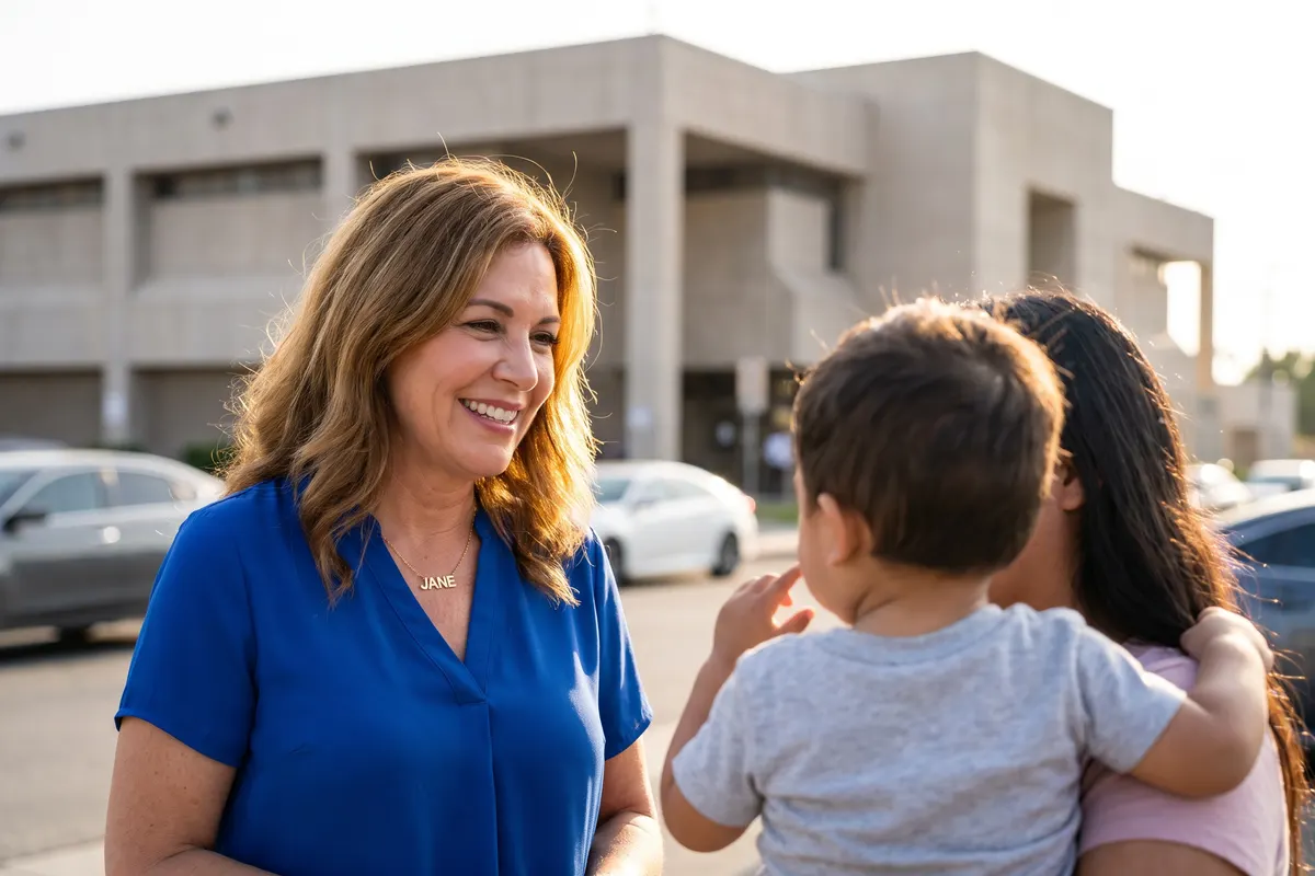 Jane Un outside the women's jail in Lynwood with a family