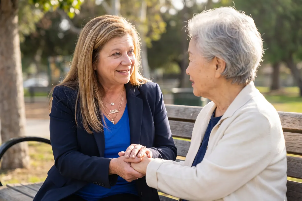 Jane Un holding hands with a grandmother and explaining the bail process