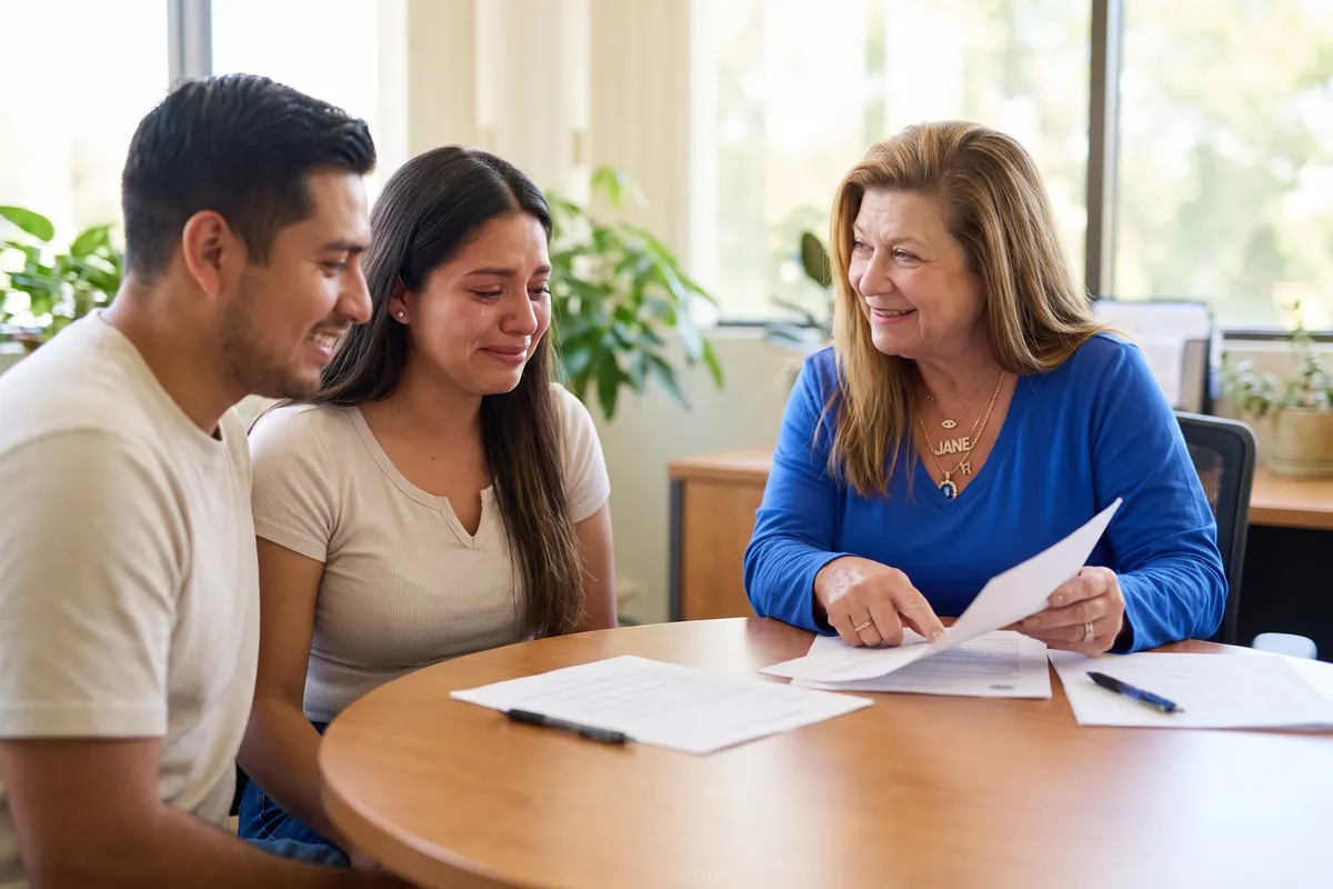 Jane Un going over bail paperwork with a young couple