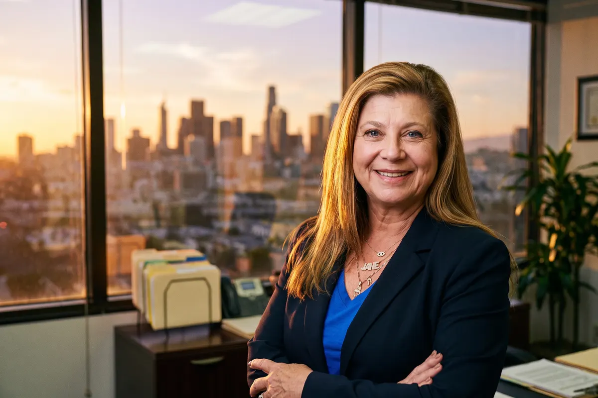 Jane Un in her office overlooking downtown Los Angeles