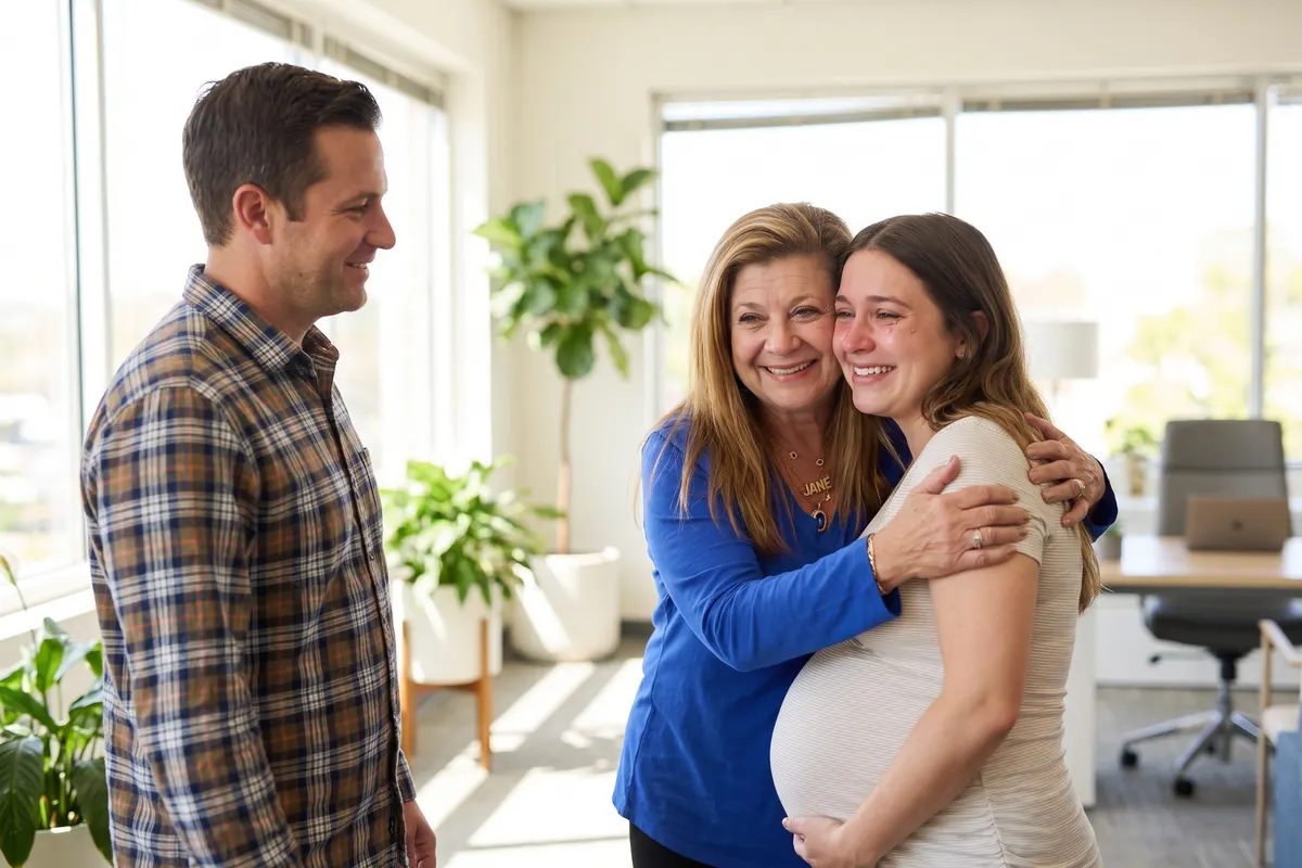 Jane Un hugging an expectant mother