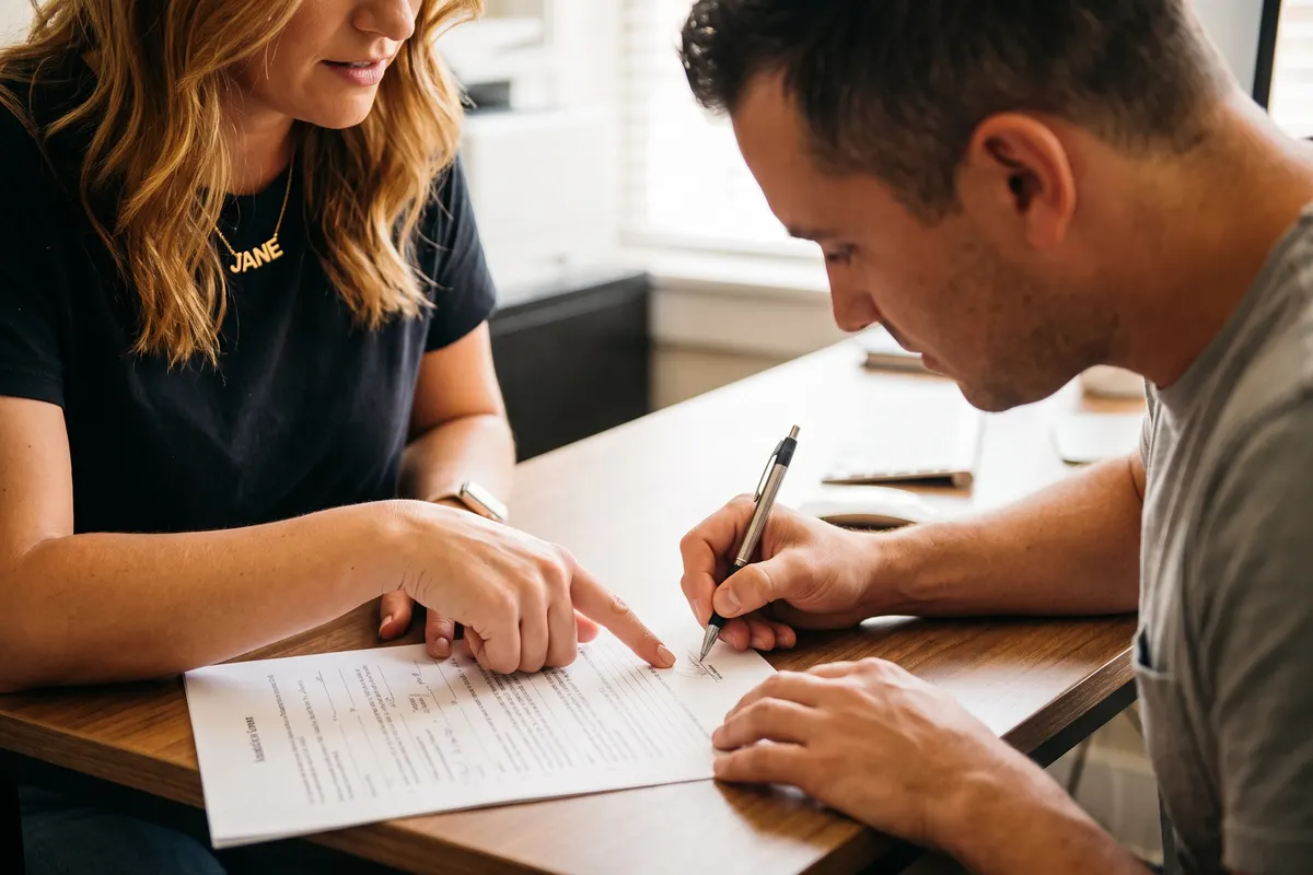 A co-signer signing bail papers with Jane Un
